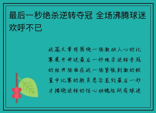 最后一秒绝杀逆转夺冠 全场沸腾球迷欢呼不已